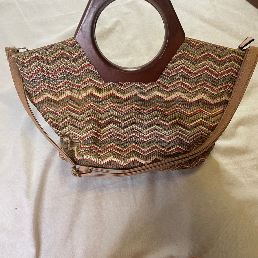 Handbag Womens Large Woven Chevron Wood Handle Shoulder Crossbody Boho Tote